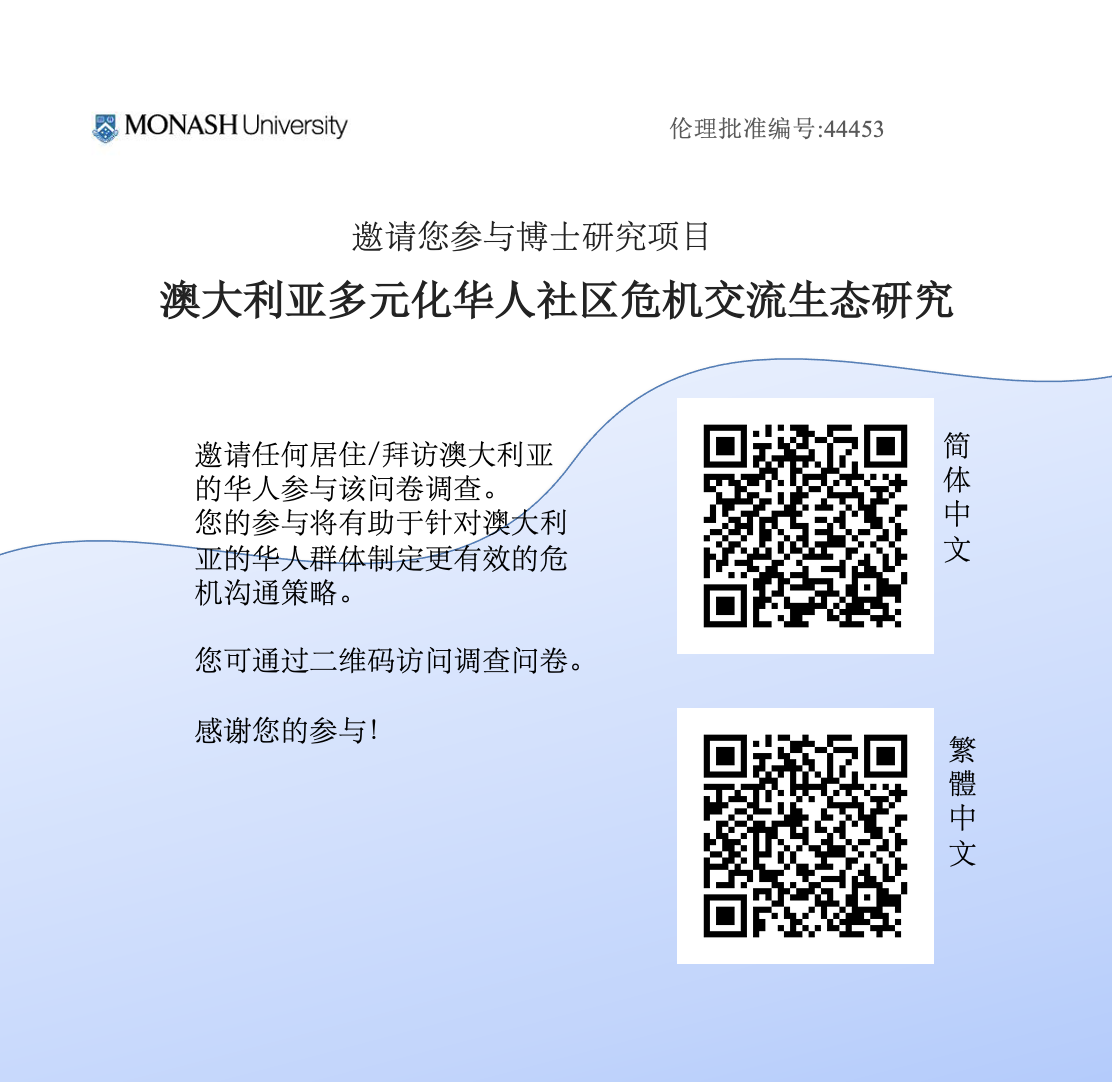 Research – Crisis Communication Ecologies in Diversified Chinese Communities in Australia (欢迎参与匿名问卷调查”澳大利亚多元化华人社区的危机交流生态研究”)